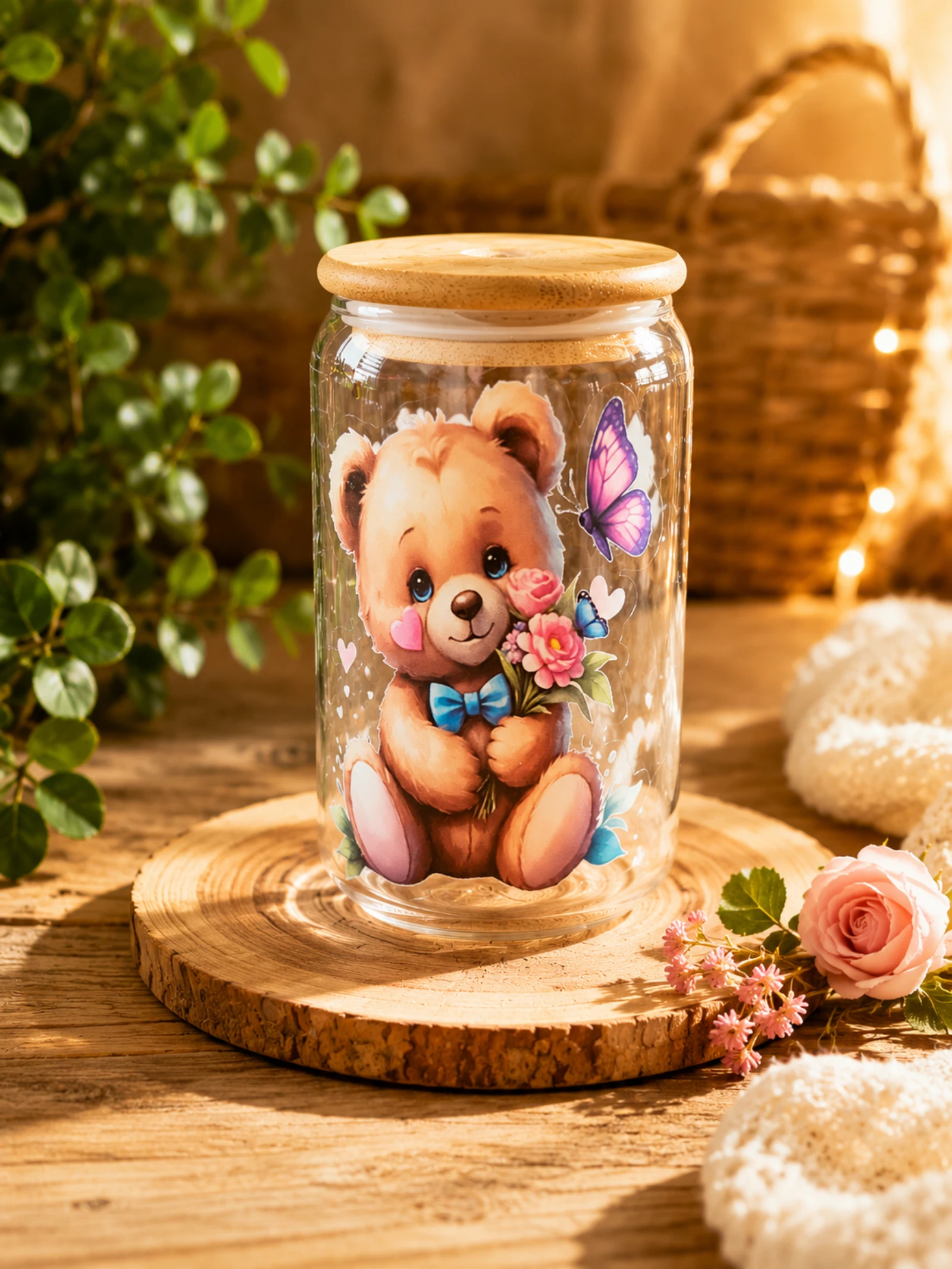 Verre canette avec paille en verre, couvercle en bambou et goupillon